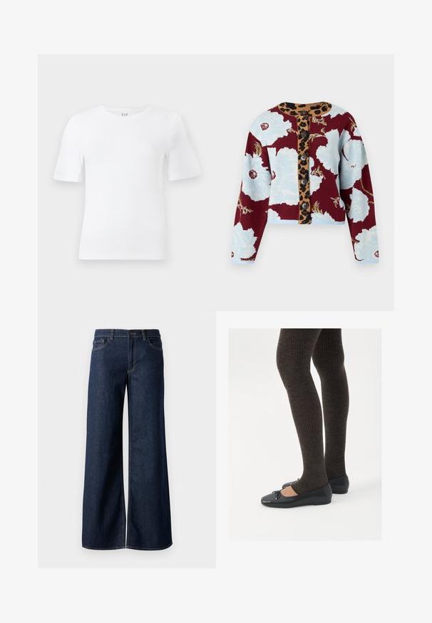 Cardigã de malha com padrão floral em azul e bordeaux, tira de botões com padrão de leopardo, e cinco botões na frente. Punhos canelados.; T-shirt branco de manga curta, tipo crew neck, com bainha reta e etiqueta GAP dentro do colarinho, sobre um fundo claro.; Jeans de perna larga em denim azul escuro. Apresenta costura em contraste, cinco bolsos e um fecho de botão na cintura. Textura lisa.; Sapatos planos pretos com um pequeno laço na ponta, emparelhados com meias-calças caneladas castanhas escuras. Os sapatos têm uma textura suave e um design discretamente baixo.