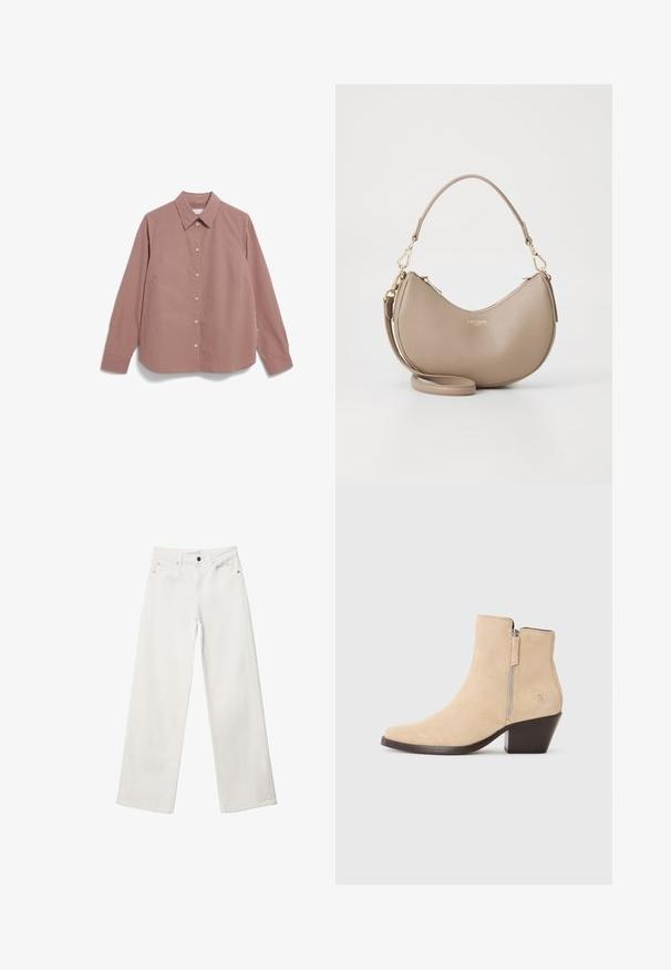 Witte cardigan van gebreide stof met textuur, met een diepe V-hals, oversized ballonmouwen en een rechte silhouet.; Gestreepte button-up shirt in roest en crème, met een klassieke kraag, lange mouwen en een losse pasvorm met een rechte zoom.; Witte wijde jeans van denim, met een hoge taille, vijf-pocket ontwerp en een metalen knoopsluiting. Glad van structuur, zonder patronen.; Beige suède enkellaars met zijrits en zwarte gestapelde hak, afgebeeld in profiel op een witte achtergrond.; Beige halve maanvormige leren handtas met een ritssluiting aan de bovenkant, een afneembare schouderriem en het gouden "Lacoste Paris" logo aan de voorkant.