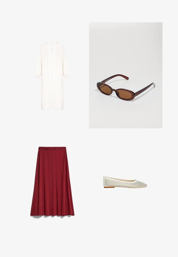 Witte cardigan van gebreide stof met textuur, met een diepe V-hals, oversized ballonmouwen en een rechte silhouet.; Effen witte langslopende shirt met lange mouwen, ronde hals, van achteren weergegeven, plat gelegd op een witte achtergrond.; ARMEDANGELS ILENIAA LARAA - A-lijn rok - dark crimson; Witte perforated ballerina's met een spitse neus en een platte rubberen zool. Het materiaal lijkt glad met een uniforme textuur en patroon.; Ronde, bruin getinte zonnebril met een glanzend bordeauxrood frame. Slanke pootjes met subtiele merkdetails. Vlakke lensontwerp.; Beige halve maanvormige leren handtas met een ritssluiting aan de bovenkant, een afneembare schouderriem en het gouden "Lacoste Paris" logo aan de voorkant.; Bruin druppelvormige hanger aan een dunne zilveren koord, met een ronde, gepatineerde accentstuk boven de hanger. Glad textuur, minimalistisch ontwerp.