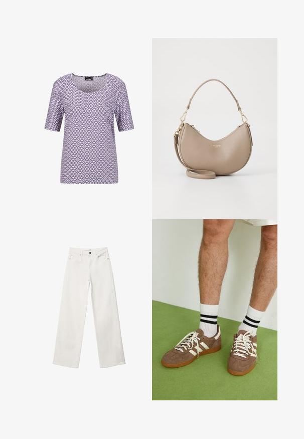 Weiße Strickjacke aus strukturiertem Strickstoff, mit tiefem V-Ausschnitt, übergroßen Ballonärmeln und geradem Schnitt.; Kurze Ärmel lila T-Shirt mit einem Diamantmuster in Weiß und Dunkellila, mit weit ausgeschnittenem Hals und weichem, glattem Stoff.; Weiße Schlagjeans aus Denim, mit hoher Taille, Fünf-Taschen-Design und Metallknopfverschluss. Glatte Textur, ohne Muster.; Braune Wildleder-Sneaker mit weißen Akzenten und Schnürsenkeln. Gummisohle in Kautschuk-Optik. Getragen mit weißen Socken, die schwarze Streifen haben. Grüner strukturierter Fußboden.; Beige, halbmonddförmige Lederhandtasche mit Oberreißverschluss, abnehmbarem Schulterriemen und goldenem "Lacoste Paris"-Logo auf der Vorderseite.