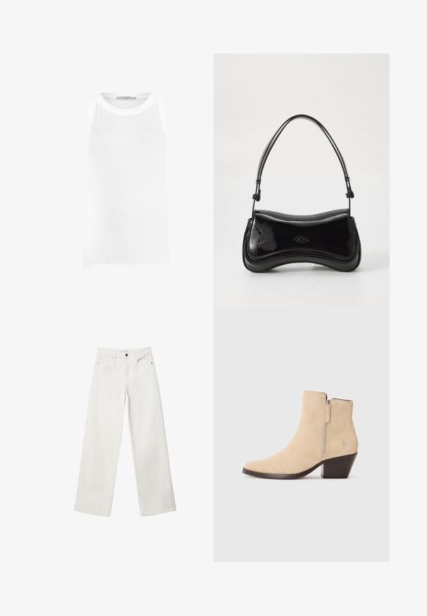 Biely kardigán vyrobený z textúrovanej pleteniny, s hlbokým výstrihom do V, nadmernými balónovými rukávmi a rovnou siluetou.; Biely bezrukávový tielko vyrobené z rebrovanej látky, s okrúhlym výstrihom a bezšvovými okrajmi pre hladké priliehanie.; Biele široké džínsy vyrobené z denimu, s vysokým pásom, dizajnom s piatimi vreckami a kovovým zapínaním. Hladká textura, bez vzorov.; Bežové semišové členkové čižmy so zipsom na boku a čiernym anatomickým opätkom, zobrazené v profile na bielom pozadí.; Čierna lakovaná kabelka s zakriveným tvarom, jedným uchom a zaobleným dnom. Na prednej strane sa nachádza decentný detail loga.