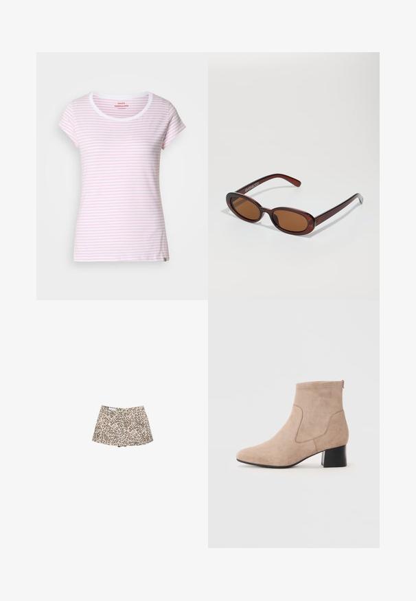 Gilet blanc en tissu tricoté texturé, avec un décolleté en V profond, des manches ballon surdimensionnées et une silhouette droite.; T-shirt rayé rose et blanc avec un col rond et des manches courtes. Confectionné dans un tissu doux avec une coupe régulière. Étiquette de marque discrète à l'ourlet.; Shorts en denim à imprimé léopard, base beige avec des taches marron foncé, taille haute, deux poches avant et une coupe élégante.; Bottines en suède beige à bout arrondi, avec des panneaux latéraux en elastic et un talon bloc avec une finition noire lisse.; Lunettes de soleil rondes teinte brun avec une monture bordeaux brillante. Branches fines avec un détail de marque subtil. Design de verres plats.; Sac à main en cuir beige en forme de croissant avec fermeture éclair en haut, bandoulière détachable et logo doré "Lacoste Paris" à l'avant.; Bague en métal doré avec un design lisse et courbé, et une finition polie. Présente une forme organique, large au centre et se rétrécissant vers les bords.