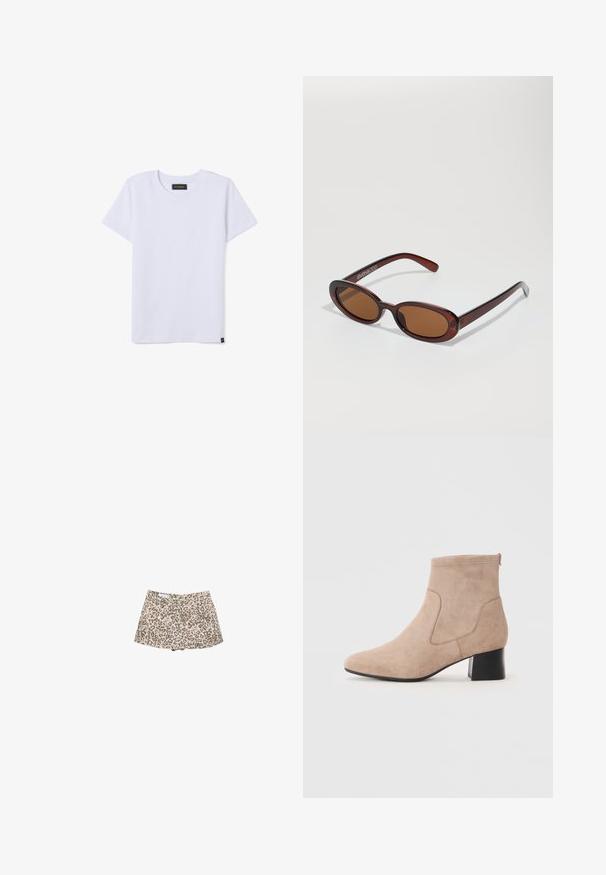 Weiße Strickjacke aus strukturiertem Strickstoff, mit tiefem V-Ausschnitt, übergroßen Ballonärmeln und geradem Schnitt.; Ein schlichtes weißes T-Shirt mit kurzen Ärmeln und Rundhalsausschnitt, versehen mit einem kleinen schwarzen und gelben Markenlabel am Kragen und am unteren Saum.; Leopardenmuster Denim-Shorts, beiger Grund mit dunkelbraunen Flecken, hoch tailliertes Design, zwei Fronttaschen und ein stilvoller Schnitt.; Beige Wildlederschuhe mit Knöchelhöhe, die eine abgerundete Zehenpartie, elastische Seitenpaneele und einen Blockabsatz mit einer glatten schwarzen Oberfläche aufweisen.; Runde, braun getönte Sonnenbrillen mit einem glänzenden burgunderfarbenen Rahmen. Schlanke Bügel mit dezentem Branding. Flaches Linsendesign.; Beige, halbmonddförmige Lederhandtasche mit Oberreißverschluss, abnehmbarem Schulterriemen und goldenem "Lacoste Paris"-Logo auf der Vorderseite.; Goldfarbener Metallring mit einem glatten, geschwungenen Design und einer polierten Oberfläche. Merkmale eine organische Form, ist in der Mitte breit und verjüngt sich zu den Rändern hin.
