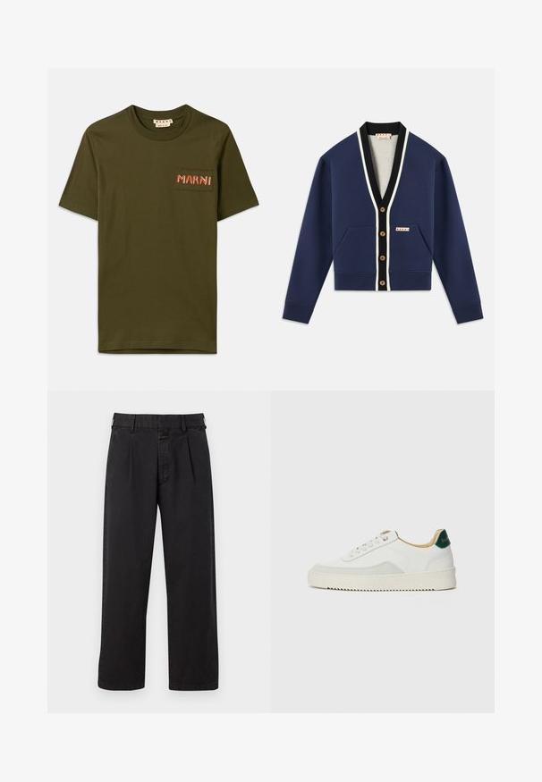 Marineblå cardigan med hvide og sorte detaljer, med V-hals, knaplukning og to forlommer. Struktureret stof og guldknapper.; Olivengrønt bomulds T-shirt med rund hals, med en lille påsat lomme og broderet "MARNI" i rød tråd.; Sorte bomuldsbukser med lige snit, med plisseret front, bæltestropper og knaplukning. Glat tekstur uden mønstre.; Hvide sneakers med ruskindsdetaljer, rund tå, flade snørebånd og en cremet gummisål. Har grøn branding på hælen.