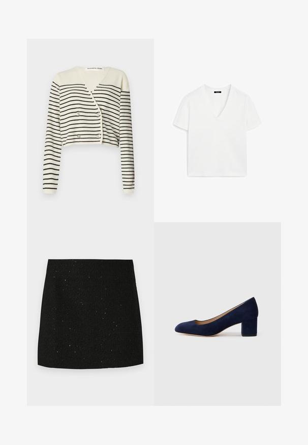 Cardigan accorciato in crema, con strisce orizzontali nere. Progettato con scollatura a V, maniche lunghe e chiusura con doppio bottone per un tocco di dettaglio.; T-shirt bianca a maniche corte con scollatura a V, realizzata in cotone, caratterizzata da un design minimalista e una texture liscia, con orlo dritto e senza decorazioni.; Gonna mini nera texturizzata con sottili scintillii lucidi, taglio dritto e senza abbellimenti o motivi visibili.; Pump in suede blu Navy con punta affusolata e tacco blocco di media altezza. Texture liscia con una leggera lucentezza e un piccolo taglio sul davanti.