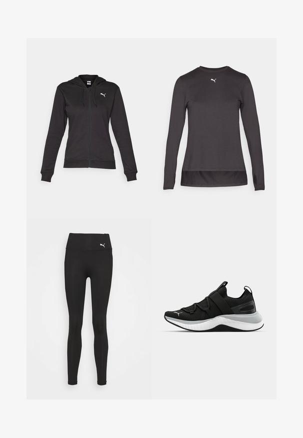 Fekete cipzáros kapucnis pulóver puha pamut keverékből, kenguru zsebbel, állítható húzózsinórral és fehér logóval a bal mellrészen.; Fekete, hosszú ujjú sportpóló kerek nyakkivágással, kisebb fehér logóval a mellkason és hüvelykujjnak kialakított nyílásokkal az ujjak végén. Simább textúra.; Fekete leggings rugalmas anyagból, magas derékkal. Egy kis fehér logó található a csípőnél, minimális varrási részletekkel.; Fekete sportcipő textúrázott felső résszel, rugalmas pántokkal és vastag fehér középtalppal. Szürke akcentussal rendelkezik a talp mentén.