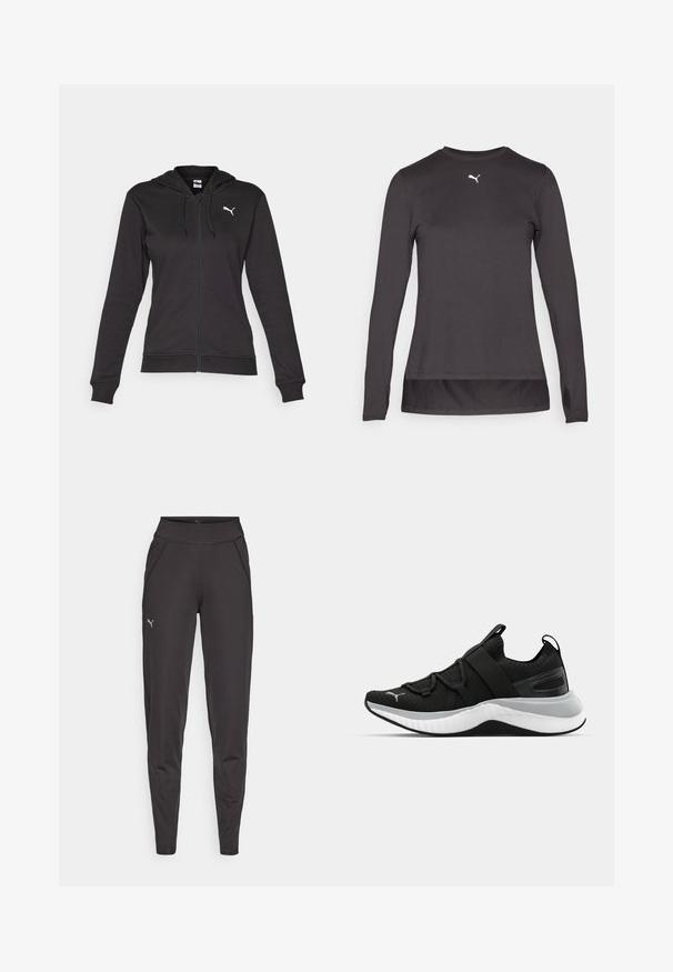 Czarna bluza z kapturem na zamek, wykonana z miękkiej mieszanki bawełny, z kieszenią kangurką, regulowanymi sznurkami i białym logo na lewej piersi.; Czarna sportowa koszulka z długim rękawem, okrągłym dekoltem i małym białym logo na piersi, z otworami na kciuki przy mankietach. Gładka tekstura.; Czarne legginsy sportowe wykonane z elastycznego materiału, z wysokim stanem, bocznymi kieszeniami oraz małym odblaskowym logo na lewym udzie.; Czarne sportowe buty z teksturowaną cholewką, elastycznymi paskami i grubą białą podeszwą środkową. Posiadają szary akcent wzdłuż podeszwy.