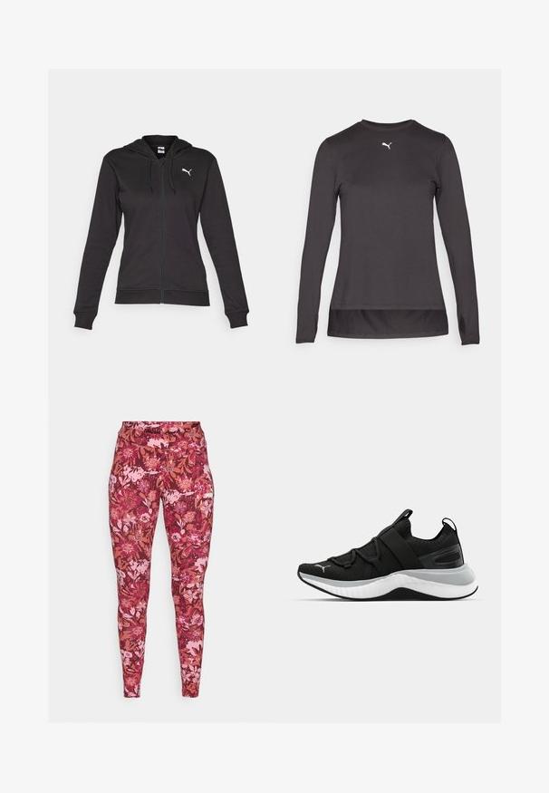 Felpa nera con zip realizzata in morbido misto cotone, dotata di tasca a canguro, cordini regolabili e logo bianco sul lato sinistro del petto.; Maglietta atletica nera a maniche lunghe con scollatura rotonda, caratterizzata da un piccolo logo bianco sul petto e aperture per il pollice sui polsini. Tessuto liscio.; Leggings floreali in tonalità di rosa scuro e bordeaux, caratterizzati da una varietà di fiori e foglie. Realizzati in un materiale elasticizzato e aderente.; Scarpa sportiva nera con tomaia testurizzata, cinghie elastiche e una spessa suola intermedia bianca. Presenta un accento grigio lungo la suola.