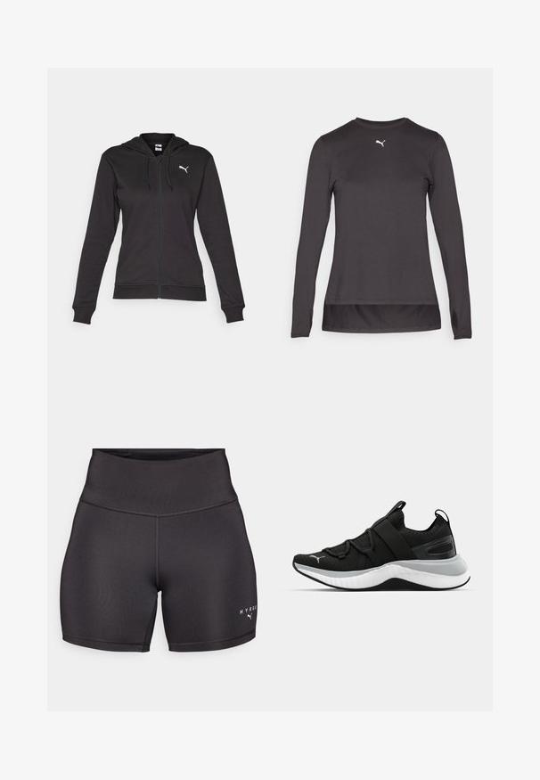 Black zip-up hoodie made of soft cotton blend, featuring a Kangaroo pocket, adjustable drawstrings, and a white logo on the left chest.; Black long-sleeve athletic shirt with a round neckline, featuring a small white logo on the chest and thumbholes at the cuffs. Smooth texture.; Black athletic shorts with a high waistband, made of smooth, stretchy fabric. Features flat seams and white logo text on the bottom right.; Black athletic shoe with a textured upper, elastic straps, and a thick white midsole. Features a grey accent along the sole.