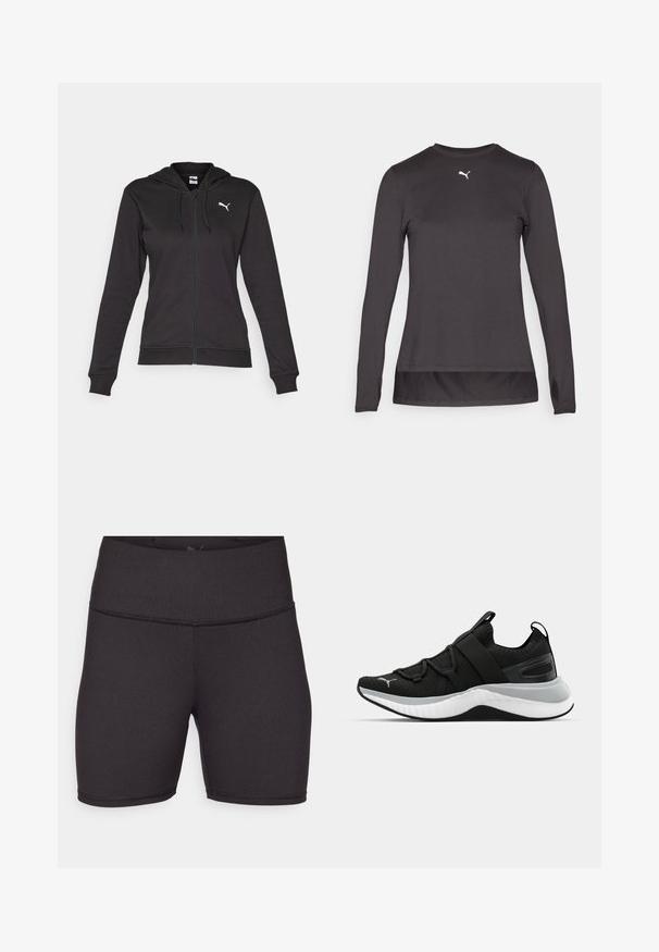 Melna jaka ar rāvējslēdzēju, izgatavota no mīksta kokvilnas maisījuma, ar kenguru kabatu, regulējamiem aukliņām un balto logo kreisajā krūtī.; Melnas garās piedurknes sporta kreklas ar noapaļotu kakla izgriezumu, uz krūtīm ir neliels balts logo un piedurkņu malās ir atveres pirkstiem. Gluda tekstūra.; Melnas sporta šorti, izgatavoti no gludas, elastīgas auduma. Ievērojama augsta josta un plakana šuvju apdare. Klasisks dizains bez rakstiem.; Melna sporta kurpe ar teksturētu augšējo daļu, elastīgām siksnām un biezu baltu vidusdaļu. Ievietots pelēks akcenta elements gar zoli.