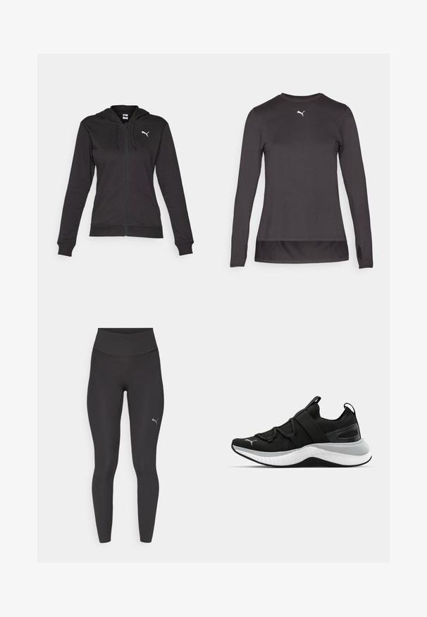 Black zip-up hoodie made of soft cotton blend, featuring a Kangaroo pocket, adjustable drawstrings, and a white logo on the left chest.; Black long-sleeve athletic shirt with a round neckline, featuring a small white logo on the chest and thumbholes at the cuffs. Smooth texture.; Black high-waisted athletic leggings with tight fit, visible seams, and small reflective Puma logo on the left thigh.; Black athletic shoe with a textured upper, elastic straps, and a thick white midsole. Features a grey accent along the sole.