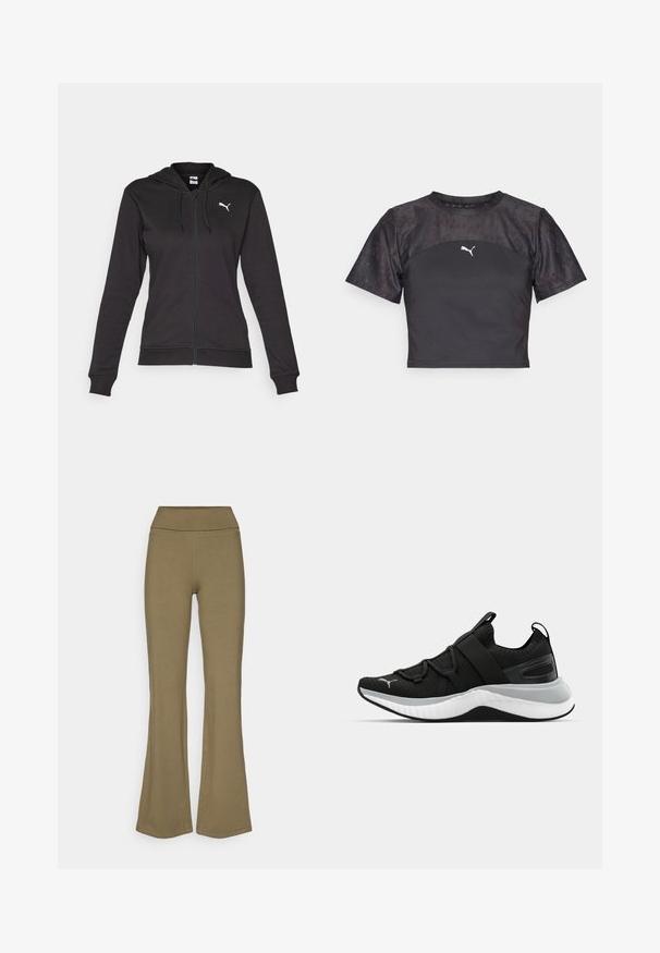 Fekete cipzáros kapucnis pulóver puha pamut keverékből, kenguru zsebbel, állítható húzózsinórral és fehér logóval a bal mellrészen.; Fekete, rövid ujjú, cropped póló, amely sima dizájnnal, textúrált csipke panellel és fehér Puma logóval rendelkezik elöl.; Olíva-zöld, kihajtható nadrág, puha anyagból, magas derékkal. Simaság jellemzi, nincs látható minta vagy fém kiegészítő.; Fekete sportcipő textúrázott felső résszel, rugalmas pántokkal és vastag fehér középtalppal. Szürke akcentussal rendelkezik a talp mentén.