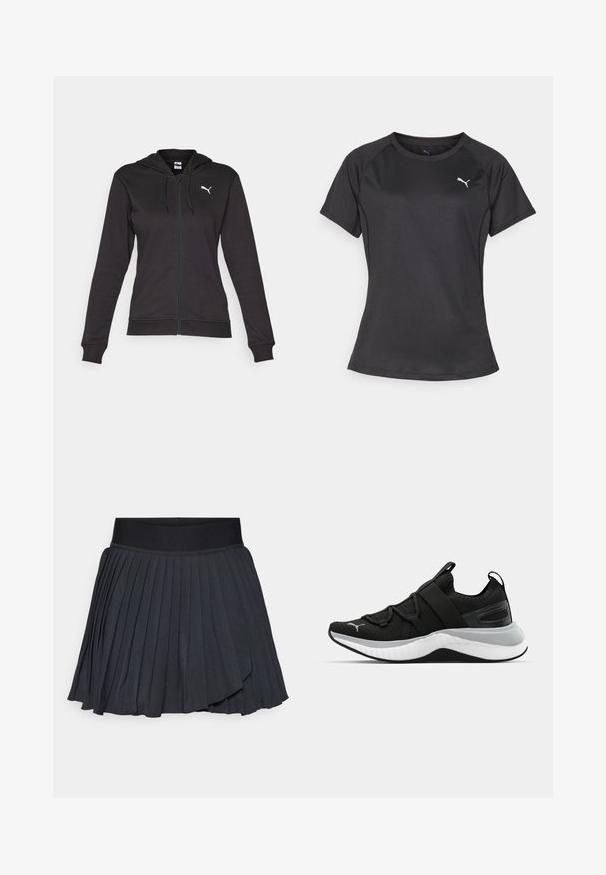 Hanorac negru cu fermoar, dintr-un amestec moale de bumbac, dotat cu un buzunar tip Kangaroo, șnururi ajustabile și un logo alb pe partea stângă a pieptului.; Tricou sportiv negru cu mânecă scurtă și guler rotund, fabricat dintr-un material neted, având un mic logo alb în partea stângă a pieptului.; Fustă neagră plisată, cu un brâu elastic lat, realizată dintr-un material fin cu un luciu discret, până la genunchi, cu un design stratificat.; Pantof de sport negru cu un upper texturat, curele elastice și o talpă intermediară groasă albă. Are un accent gri pe lungimea tălpii.