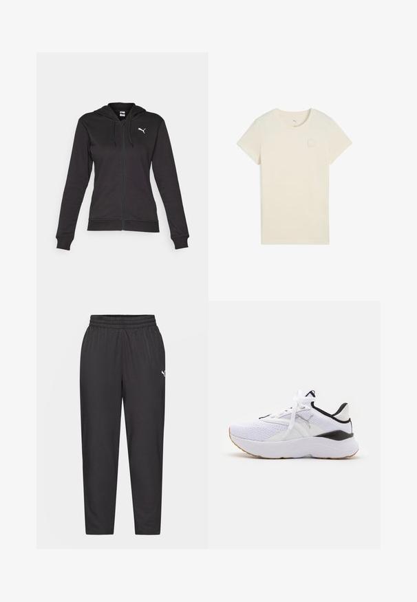 Černá zipová mikina vyrobená z měkké bavlněné směsi, s klokaní kapsou, nastavovacími šňůrkami a bílým logem na levé části hrudi.; Krátký rukáv světle béžové tričko vyrobené z měkké bavlny, s malou bílou nášivkou loga Puma na horní levé části hrudi.; Černé sportovní kalhoty s elastickým pasem, zúženými nohavicemi, hladkým povrchem a malým bílým logem na levém kyčli.; Bílé sportovní boty s síťovinovým svrškem, černými akcenty a silnou gumovou podrážkou. Obsahují tradiční tkaničky a texturované oblasti pro podporu.