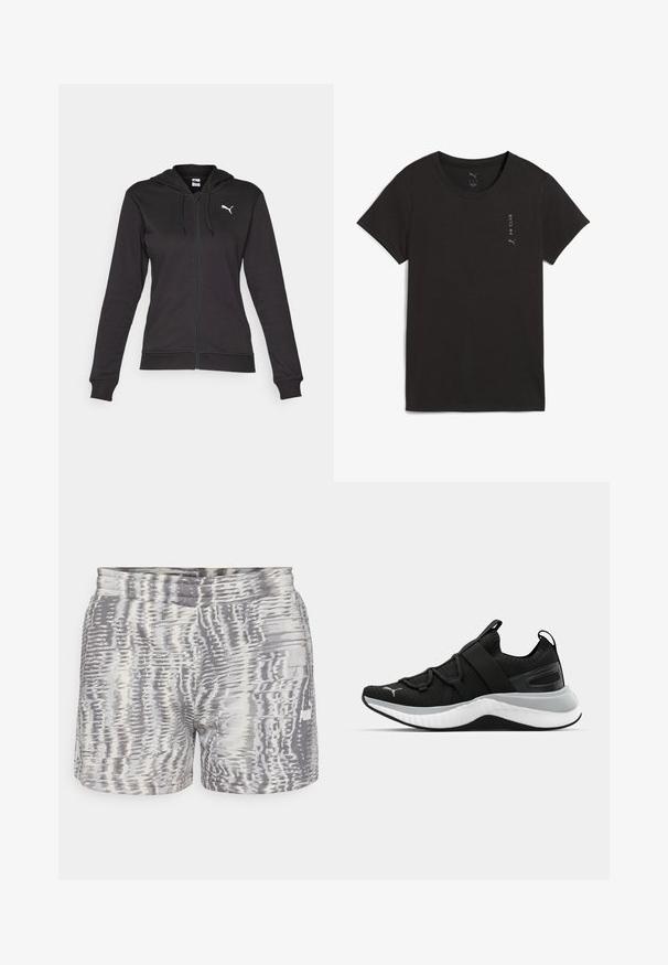 Juodas džemperis su užtrauktuku, pagamintas iš minkštos medvilnės mišinio, turintis kengūros kišenę, reguliuojamus raiščius ir baltą logotipą kairėje krūtinės pusėje.; Juodas trumpas rankovės marškinėlis, pagamintas iš medvilnės. Turėdamas apvalų iškirpimą ir mažą pilką "PR CLUB" logotipą kairėje pusėje. Lygus paviršius.; Pilki ir kremiškai balti šortai su banginiu raštu, elastinga juosmens juosta ir mažu baltu Puma logotipu apatinėje priekinėje dalyje.; Juodas sportinis batelis su tekstūruota viršutine dalimi, elastingomis juostomis ir storesniu baltu tarpiniai. Yra pilkas akcentas palei pado kraštą.