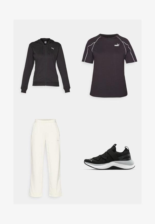 Črna zip-up kapuca iz mešanice mehkega bombaža, ki ima kenguru žep, nastavljive vrvice in belo logo na levem prsnem delu.; Črna majica s kratkimi rokavi iz bombažne mešanice. Ima belo kontrastno šivanje in logo na levi prsih. Oblika okroglega vratu.; Kremne hlače za treniranje iz nežne tkanine, z elastičnim pasom in sproščenim krojem. Diskretna logotipna podrobnost spredaj.; Črne atletske čevlje z teksturirano zgornjšo plastjo, elastičnimi trakovi in debelim belim srednjim podplatom. Imajo sivo akcentsko linijo ob podplatu.