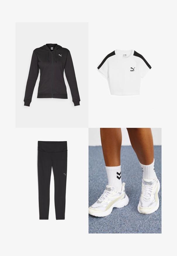 Schwarze Kapuzenjacke mit Reißverschluss aus weichem Baumwoll-Mix, ausgestattet mit einer Kängurutasche, verstellbaren Kordeln und einem weißen Logo auf der linken Brust.; Weißes, kurz geschnittenes T-Shirt mit schwarzen Raglanärmeln, das ein kleines schwarzes Puma-Logo auf der Brust trägt. Hergestellt aus Baumwolle.; Schwarze Sportleggings mit hohem Bund, hergestellt aus einem glatten, elastischen Stoff. Enthält ein kleines reflektierendes Logo an der linken Hüfte.; Weiße Sneaker mit silbernen Akzenten, aus Mesh-Material und im klobigen Design. Kombiniert mit weißen Socken, die mit schwarzen Chevron-Mustern verziert sind.