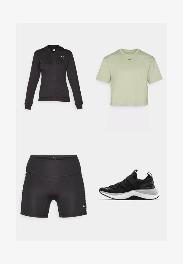 Melna jaka ar rāvējslēdzēju, izgatavota no mīksta kokvilnas maisījuma, ar kenguru kabatu, regulējamiem aukliņām un balto logo kreisajā krūtī.; Gaiši zaļš īsais t-krekls, izgatavots no mīkstas auduma, ar apaļu kakla izgriezumu un īsām piedurknēm. Mazs logo elements uz krūškurvja.; Melni sporta šorti ar augstu jostas vietu. Iespējas sānu akcentiem kontrastējošās krāsās un redzamu logo. Izgatavoti no elastīgas un stiepjamas vielas.; Melna sporta kurpe ar teksturētu augšējo daļu, elastīgām siksnām un biezu baltu vidusdaļu. Ievietots pelēks akcenta elements gar zoli.