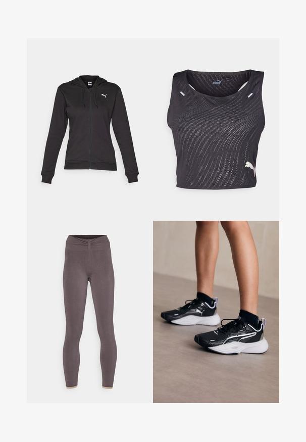 Svart zip-up hettegenser laget av en myk bomullsblanding, med kengurulomme, justerbare snorer og en hvit logo på venstre bryst.; Svart ermeløs treningsgenser med en teksturert bølgemønster, små hull for pusteevne, og en kontrasterende logo på kanten.; Yogasearcher CHENDA SEAMLESS LEGGING - Tights - lavastone; Sorte treningsko med hvite detaljer, mesh-øyverflate, snøring og polstret hæl. Har en teksturert såle for godt grep.