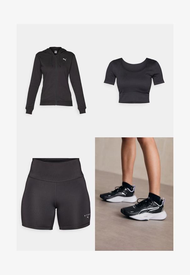 Crni zip-up dukserica napravljena od mekog pamuka, sa kengur džepom, podesivim vezicama i bijelim logom na lijevoj strani grudi.; Crna rebrasta kratka majica s kratkim rukavima, širokim okruglim izrezom i pripijenim pojasom na dnu. Mekana tekstura, ležeran dizajn.; Crne atletske kratke hlače s visokim strukom, izrađene od glatkog, rastezljivog materijala. Imaju ravne šavove i bijeli logo na donjem desnom kutu.; Crne atletske cipele s bijelim detaljima, gornjište od mrežice, vezice i амортизирана peta. Imaju teksturirani potplat za prianjanje.