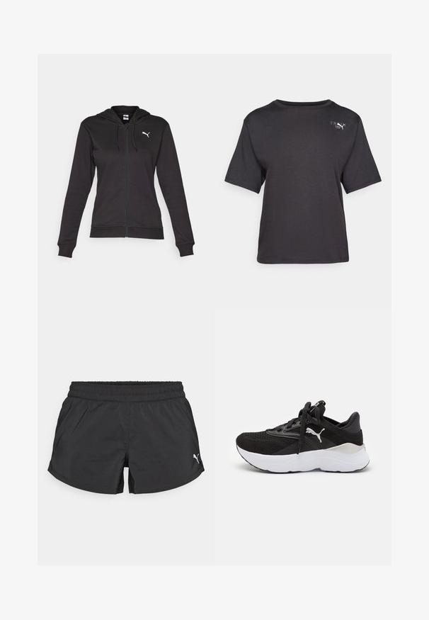 Felpa nera con zip realizzata in morbido misto cotone, dotata di tasca a canguro, cordini regolabili e logo bianco sul lato sinistro del petto.; T-shirt nera a maniche corte realizzata in tessuto morbido, con scollatura rotonda e un piccolo logo sulla parte superiore sinistra.; Shorts sportivi neri con cintura elasticizzata e piccolo logo Puma bianco in basso a destra, presentati su uno sfondo neutro.; Sneaker sportivo nero con tomaia in mesh, suola intermedia bianca, punta rotonda e design con lacci. Presenta un logo prominente sul lato e accenti testurizzati.