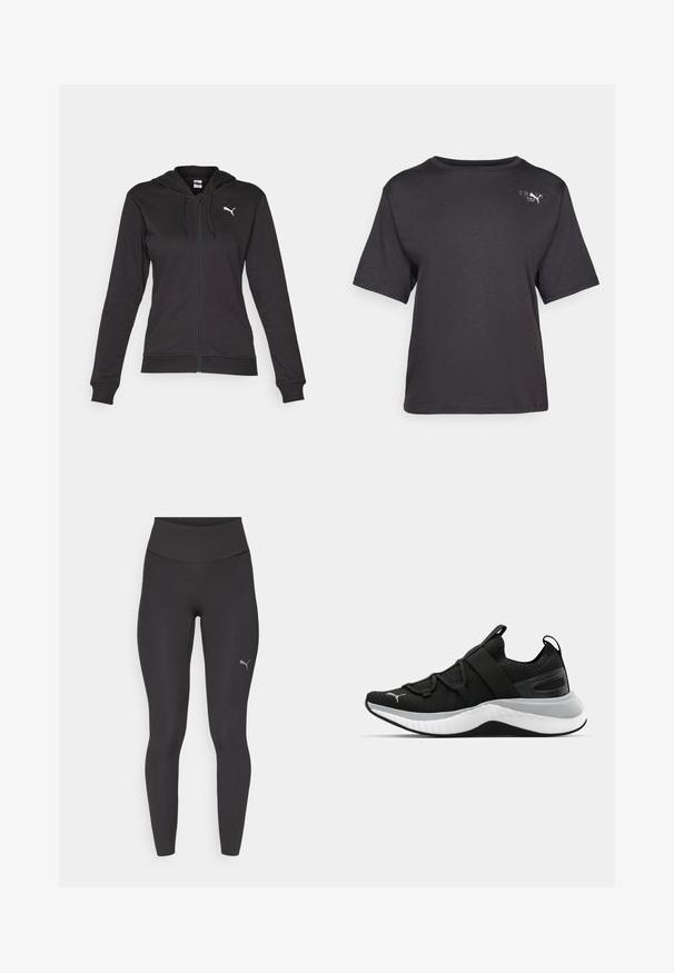 Schwarze Kapuzenjacke mit Reißverschluss aus weichem Baumwoll-Mix, ausgestattet mit einer Kängurutasche, verstellbaren Kordeln und einem weißen Logo auf der linken Brust.; Schwarzes Kurzarm-T-Shirt aus weichem Stoff, mit rundem Halsausschnitt und einem kleinen Logodetail auf der oberen linken Seite.; Schwarze, hoch taillierte Sportleggings mit enger Passform, sichtbaren Nähten und kleinem reflektierendem Puma-Logo am linken Oberschenkel.; Schwarzer Sportschuh mit strukturiertem Obermaterial, elastischen Riemen und einer dicken weißen Mittelsohle. Mit einem grauen Akzent entlang der Sohle.