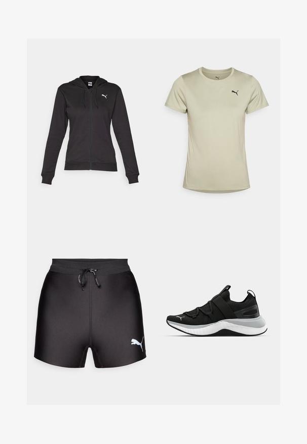 Schwarze Kapuzenjacke mit Reißverschluss aus weichem Baumwoll-Mix, ausgestattet mit einer Kängurutasche, verstellbaren Kordeln und einem weißen Logo auf der linken Brust.; Kurzarm-T-Shirt in zartem Olivgrün, aus glattem Stoff. Mit einem schwarzen Puma-Logo auf der linken Brust. Runder Halsausschnitt.; Schwarze Sportshorts mit glatter Textur, elastischem Bund, Kordelzug und einem weißen Puma-Logo auf der rechten Seite.; Schwarzer Sportschuh mit strukturiertem Obermaterial, elastischen Riemen und einer dicken weißen Mittelsohle. Mit einem grauen Akzent entlang der Sohle.