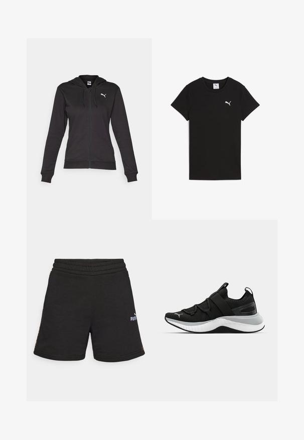 Juodas džemperis su užtrauktuku, pagamintas iš minkštos medvilnės mišinio, turintis kengūros kišenę, reguliuojamus raiščius ir baltą logotipą kairėje krūtinės pusėje.; Juodas dryžuotas trumpomis rankovėmis marškinėliai su apvaliu kaklu ir baltu Puma logotipu kairėje krūtinės pusėje. Lygi tekstūra. Klasikinis siluetas.; Juodi sportiniai šortai, pagaminti iš minkštos medžiagos, su elastingu juosmeniu, šoninėmis siūlėmis ir baltu PUMA logotipu priekyje.; Juodas sportinis batelis su tekstūruota viršutine dalimi, elastingomis juostomis ir storesniu baltu tarpiniai. Yra pilkas akcentas palei pado kraštą.