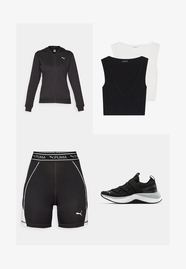 Felpa nera con zip realizzata in morbido misto cotone, dotata di tasca a canguro, cordini regolabili e logo bianco sul lato sinistro del petto.; Due magliette senza maniche a costine, in nero e bianco. Entrambe hanno scollature a V e un tessuto morbido. Etichetta visibile sulla maglietta nera.; Pantaloni sportivi neri con logo PUMA, dotati di una vita con marchio e accenti laterali bianchi. Realizzati in un materiale elasticizzato e leggero.; Scarpa sportiva nera con tomaia testurizzata, cinghie elastiche e una spessa suola intermedia bianca. Presenta un accento grigio lungo la suola.