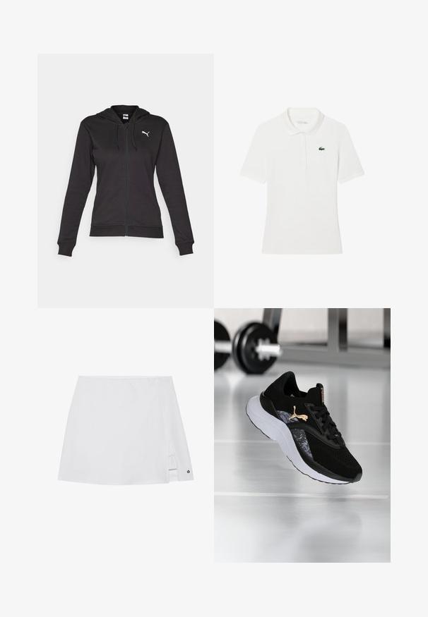 Svart zip-up hoodie i mjuk bomullsblandning, med en känguruficka, justerbara dragsko och en vit logotyp på vänster bröst.; Vit polo skjorta med korta ärmar, krage och knäppning med tre knappar. Har en liten grön Lacoste-logotyp på vänster bröst.; Vit sportkjol med sidostrål, jämn tygtextur och en liten svart logotypakcent vid fållen.; Svart idrottssko med en strukturerad ovandel, vit sula och guld logotyp. Har en mönstrad detalj på sidan och runda snören.