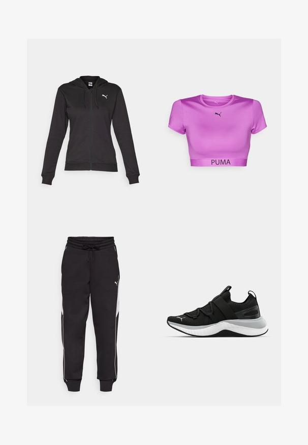 Juodas džemperis su užtrauktuku, pagamintas iš minkštos medvilnės mišinio, turintis kengūros kišenę, reguliuojamus raiščius ir baltą logotipą kairėje krūtinės pusėje.; Violet trumpas sportinis viršus, pagamintas iš lygaus audinio, su trumpomis rankovėmis, apvalia iškirpte, juodu Puma logotipu ant krūtinės ir firminiu juosmeniu.; Juodos sportinės kelnės su elastine juosta ir raišteliu, pasižyminčios baltomis šoninėmis juostomis ir siaurėjančiu modeliu. Medžiaga atrodo minkšta.; Juodas sportinis batelis su tekstūruota viršutine dalimi, elastingomis juostomis ir storesniu baltu tarpiniai. Yra pilkas akcentas palei pado kraštą.