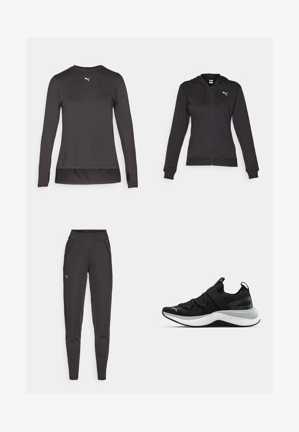 Schwarze Kapuzenjacke mit Reißverschluss aus weichem Baumwoll-Mix, ausgestattet mit einer Kängurutasche, verstellbaren Kordeln und einem weißen Logo auf der linken Brust.; Schwarzes, langärmliges Sportshirt mit rundem Halsausschnitt, versehen mit einem kleinen weißen Logo auf der Brust und Daumenlöchern an den Bündchen. Glatte Textur.; Schwarze sportliche Leggings aus dehnbarem Material, mit hohem Bund, Seitentaschen und einem kleinen reflektierenden Logo am linken Oberschenkel.; Schwarzer Sportschuh mit strukturiertem Obermaterial, elastischen Riemen und einer dicken weißen Mittelsohle. Mit einem grauen Akzent entlang der Sohle.