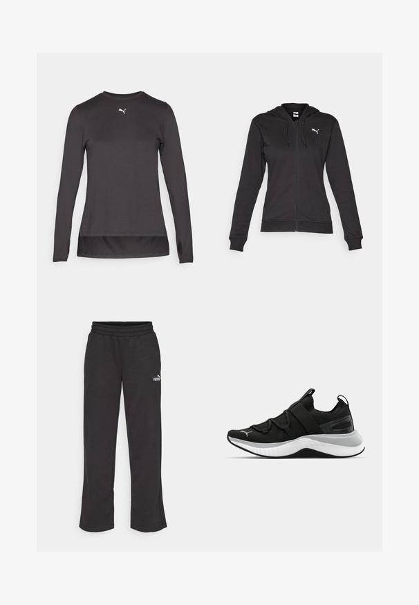 Black zip-up hoodie made of soft cotton blend, featuring a Kangaroo pocket, adjustable drawstrings, and a white logo on the left chest.; Black long-sleeve athletic shirt with a round neckline, featuring a small white logo on the chest and thumbholes at the cuffs. Smooth texture.; Black sweatpants with a relaxed fit, elastic waistband, and small white Puma logo on the left thigh. Made of soft, durable fabric.; Black athletic shoe with a textured upper, elastic straps, and a thick white midsole. Features a grey accent along the sole.