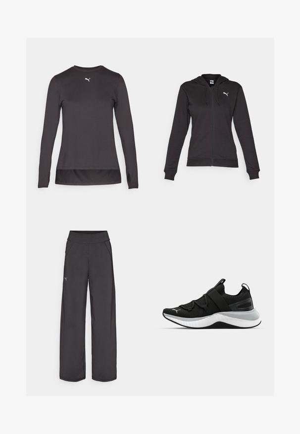 Zwarte zip-up hoodie gemaakt van een zachte katoenmix, met een kangoeroezak, verstelbare trekkoorden en een wit logo op de linkerborst.; Zwart langslijve atletisch shirt met een ronde halslijn, voorzien van een klein wit logo op de borst en duimgaten bij de manchetten. Glad textuur.; Zwarte sportbroek met een brede tailleband, zijzakken en platte naden. Bevat een klein logo op het linkerbeen. Gemaakt van gladde, rekbare stof.; Zwarte sportschoen met een gestructureerde bovenkant, elastische banden en een dikke witte tussenzool. Heeft een grijze accent langs de zool.