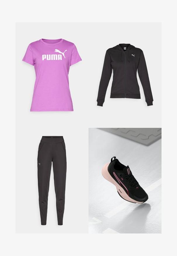 Black zip-up hoodie made of soft cotton blend, featuring a Kangaroo pocket, adjustable drawstrings, and a white logo on the left chest.; Purple cotton t-shirt with short sleeves, featuring a large white "PUMA" logo and a leaping puma graphic on the upper left side.; Black athletic leggings made of stretchy fabric, featuring a high waistband, side pockets, and a small reflective logo on the left thigh.; Black athletic shoe with pink accents and a textured upper. Features a cushioned pink sole and black laces. Lightweight design for performance.