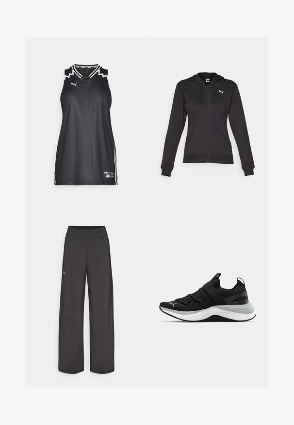 Melna jaka ar rāvējslēdzēju, izgatavota no mīksta kokvilnas maisījuma, ar kenguru kabatu, regulējamiem aukliņām un balto logo kreisajā krūtī.; Melna bez piedurknēm sporta blūze ar baltiem akcentiem, V veida kakla izgriezumu un sānu svītrām. Puma logo uz krūtīm. Gluda auduma, viegla konstrukcija.; Melna sporta bikses ar plašu jostasvietu, sānu kabatām un gludām šuvēm. Uz kreisās kājas ir neliels logotips. Izgatavotas no gludas, elastīgas auduma.; Melna sporta kurpe ar teksturētu augšējo daļu, elastīgām siksnām un biezu baltu vidusdaļu. Ievietots pelēks akcenta elements gar zoli.