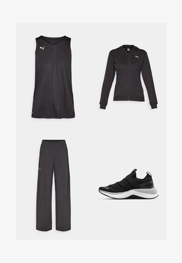 Černá zipová mikina vyrobená z měkké bavlněné směsi, s klokaní kapsou, nastavovacími šňůrkami a bílým logem na levé části hrudi.; Černý sportovní tank top bez rukávů vyrobený z hladké látky s kulatým výstřihem a bílým logem na levé horní straně.; Černé sportovní kalhoty s širokým pasem, bočními kapsami a plochými švy. Obsahují malé logo na levé nohavici. Vyrobeno z hladké, elastické tkaniny.; Černá sportovní bota s texturovaným svrškem, elastickými pásky a silnou bílou mezipodešví. Obsahuje šedý akcent podél podešve.