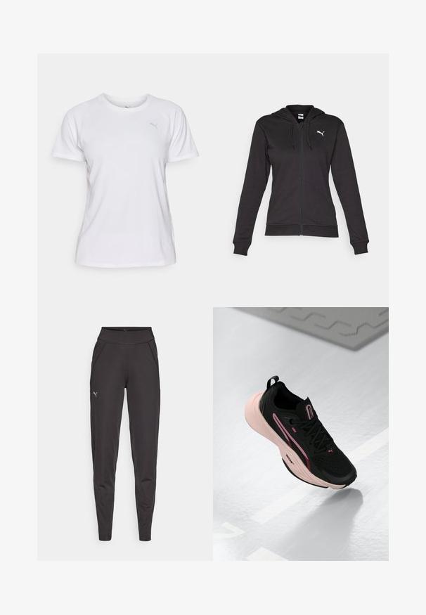Melna jaka ar rāvējslēdzēju, izgatavota no mīksta kokvilnas maisījuma, ar kenguru kabatu, regulējamiem aukliņām un balto logo kreisajā krūtī.; Balts sporta T-krekls no elpojoša auduma. Tam ir apaļa dekoltē un īsas raglanu piedurknes ar smalku pelēku logotipa akcentu.; Melni sporta legingi, izgatavoti no elastīgas auduma, ar augstu jostasvietu, sānu kabatām un mazu atstarojošu logotipu uz kreisā augšstilba.; Melnas sporta kurpes ar rozā akcentiem un teksturētu virsu. Aprīkotas ar iešūtu rozā zoli un melnām šņorēm. Viegls dizains veiktspējai.