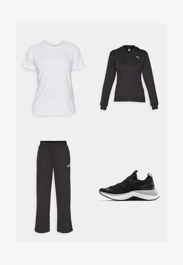 Melna jaka ar rāvējslēdzēju, izgatavota no mīksta kokvilnas maisījuma, ar kenguru kabatu, regulējamiem aukliņām un balto logo kreisajā krūtī.; Balts sporta T-krekls no elpojoša auduma. Tam ir apaļa dekoltē un īsas raglanu piedurknes ar smalku pelēku logotipa akcentu.; Melni sporta bikses ar brīvu piegriezumu, elastīgu jostu un mazu baltu Puma logo kreisajā augšstilbā. Izgatavotas no mīksta, izturīga auduma.; Melna sporta kurpe ar teksturētu augšējo daļu, elastīgām siksnām un biezu baltu vidusdaļu. Ievietots pelēks akcenta elements gar zoli.