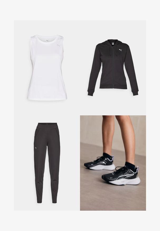 Čierna mikina na zips vyrobená z jemnej bavlnenej zmesi, s klokaním vreckom, nastaviteľnými šnúrkami a bielym logom na ľavej hrudi.; Biela športová bezrukávová blúzka vyrobená z sieťoviny, s okrúhlym výstrihom a malým sivým logom v oblasti ľavého hrudníka.; Čierne športové legíny vyrobené z elastického materiálu, s vysokým pásom, bočnými vreckami a malým reflexným logom na ľavom stehne.; Čierne atletické topánky s bielymi akcentmi, vrchná časť z prepletanej textílie, šnúrky a polstrovaná päta. Obsahujú štruktúrovanú podrážku pre lepšiu priľnavosť.