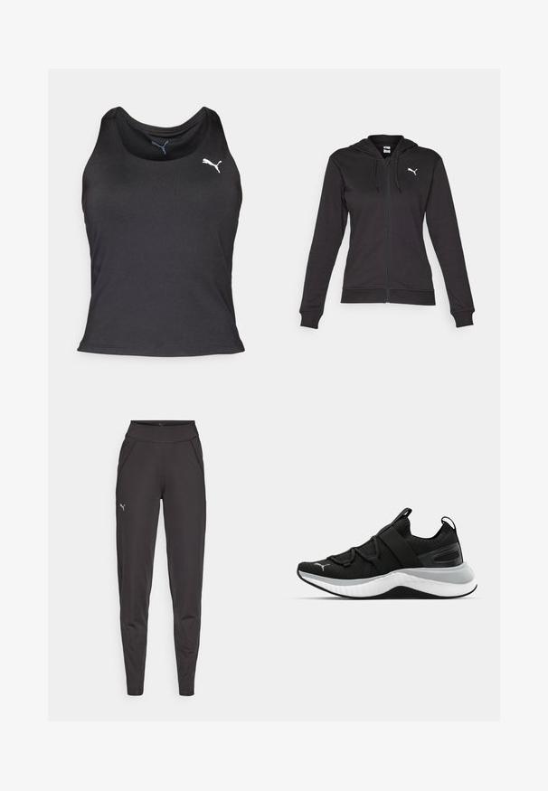 Hanorac negru cu fermoar, dintr-un amestec moale de bumbac, dotat cu un buzunar tip Kangaroo, șnururi ajustabile și un logo alb pe partea stângă a pieptului.; Top sport negru, design fără mâneci, material neted, decolteu rotund, cu un mic logo alb Puma pe partea stângă a pieptului.; Leggings atletice negre, fabricate dintr-un material elastic, cu un talie înaltă, buzunare laterale și un mic logo reflectorizant pe coapsa stângă.; Pantof de sport negru cu un upper texturat, curele elastice și o talpă intermediară groasă albă. Are un accent gri pe lungimea tălpii.