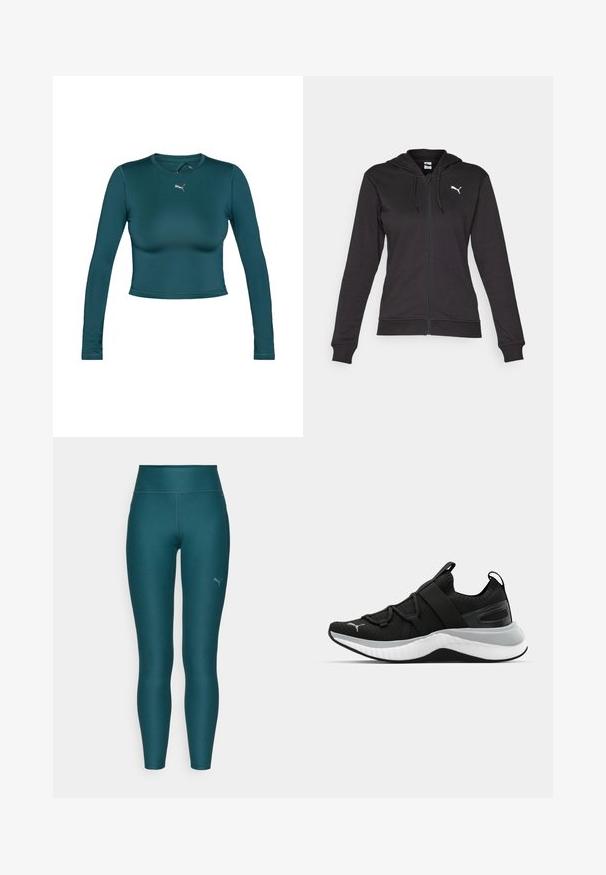 Svart zip-up hettegenser laget av en myk bomullsblanding, med kengurulomme, justerbare snorer og en hvit logo på venstre bryst.; Langermet, kort topp i teal-stoff med en glatt tekstur. Har en rund halslinning og en liten, gull Puma-logo på brystet.; Teal treningsbukser med høy midje, laget av elastisk materiale. Har en liten logo på nedre høyre ben og flate sømmer.; Sorte treningssko med en teksturert overdel, elastiske stropper og en tykk hvit mellomsåle. Har en grå aksent langs sålen.