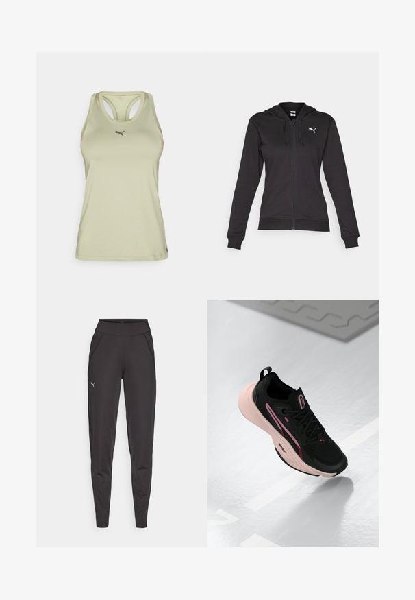 Sort zip-up hoodie lavet af blødt bomuldsblanding, med en kængurulomme, justerbare snore og et hvidt logo på venstre bryst.; Lys grøn atletisk tanktop med racerback-design, der har et diskret logo på brystet og glat, strækbart stof.; Sorte atletiske leggings lavet af strækbart stof, med en høj talje, sidelommer og et lille reflekterende logo på venstre lår.; Sort sportsko med pink accenter og en tekstureret overdel. Har en polstret pink sål og sorte snørebånd. Letvægtsdesign til performance.