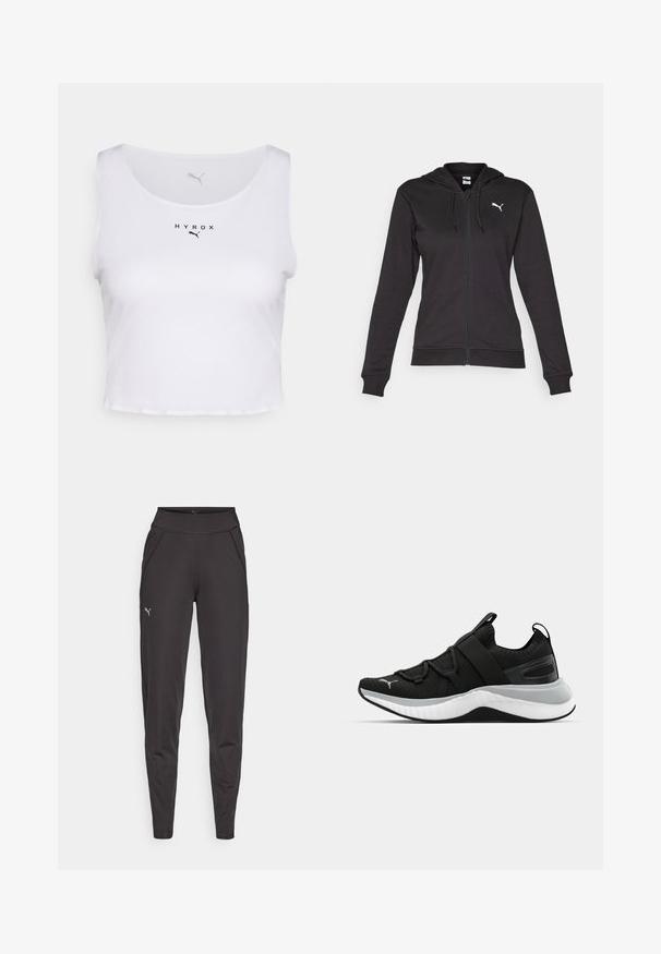Black zip-up hoodie made of soft cotton blend, featuring a Kangaroo pocket, adjustable drawstrings, and a white logo on the left chest.; White cropped tank top with a textured design, featuring a round neckline and "HYROX" logo in black, along with a small logo on the chest.; Black athletic leggings made of stretchy fabric, featuring a high waistband, side pockets, and a small reflective logo on the left thigh.; Black athletic shoe with a textured upper, elastic straps, and a thick white midsole. Features a grey accent along the sole.