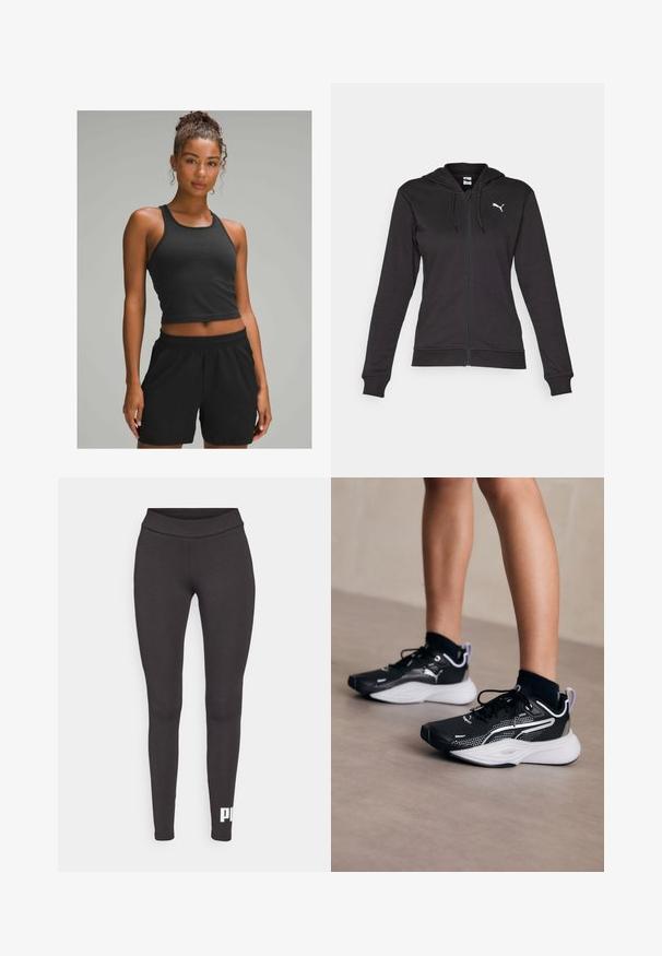 Juodas džemperis su užtrauktuku, pagamintas iš minkštos medvilnės mišinio, turintis kengūros kišenę, reguliuojamus raiščius ir baltą logotipą kairėje krūtinės pusėje.; Juodas ribotas trumpas topas poruojamas su juodomis elastingomis šortais. Lygus paviršius, prigludęs dizainas, tinkamas aktyviam sportui.; Juodi legginsai, pagaminti iš tamprios medžiagos, su aukštu juosmeniu ir baltu logotipu, atspausdintu ant kairės kojos apatinės dalies. Lygus paviršius.; Juodi sportiniai batai su baltais akcentais, tinklinė viršutinė dalis, raišteliai ir paminkštintas kulnas. Ypatybės: tekstūruotas padas sukibimui.