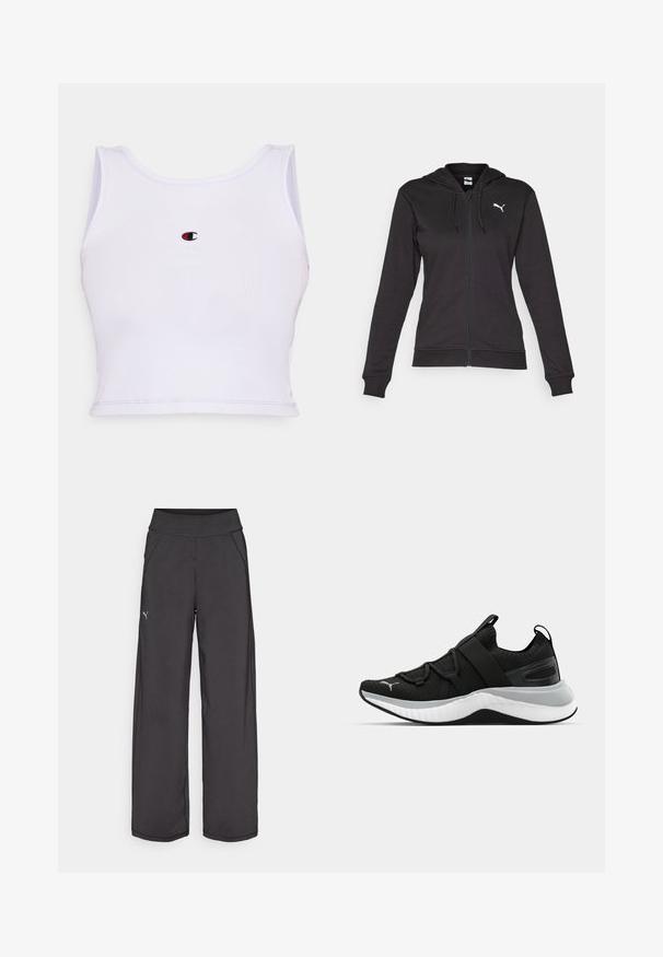 Black zip-up hoodie made of soft cotton blend, featuring a Kangaroo pocket, adjustable drawstrings, and a white logo on the left chest.; White ribbed tank top with a rounded neckline, featuring a small embroidered logo in red and black centered on the chest.; Black athletic pants with a wide waistband, side pockets, and flat seams. Features a small logo on the left leg. Made from smooth, stretchy fabric.; Black athletic shoe with a textured upper, elastic straps, and a thick white midsole. Features a grey accent along the sole.