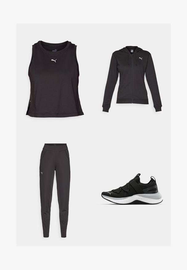 Black zip-up hoodie made of soft cotton blend, featuring a Kangaroo pocket, adjustable drawstrings, and a white logo on the left chest.; Black sleeveless athletic top made of smooth fabric. Features a crew neckline, side slits, and a white logo on the chest.; Black athletic leggings made of stretchy fabric, featuring a high waistband, side pockets, and a small reflective logo on the left thigh.; Black athletic shoe with a textured upper, elastic straps, and a thick white midsole. Features a grey accent along the sole.