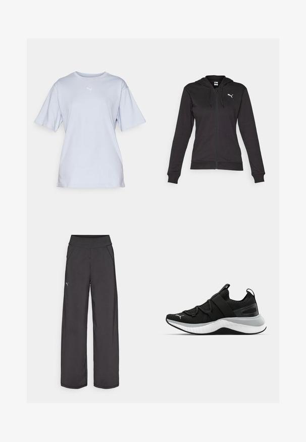 Must kombinatsioonist valmistatud must kapuutsiga dressipluus, millel on tasku ja reguleeritavad tõmblukud, ning valge logo vasakul rinnal.; Heledatehised puuvillane t-särk lühikeste varrukatega, ümar kaelus ja rinnal brodeeritud valge logo. Sile tekstuur ja mugav lõige.; Mustad musta värvi sportliku lõikega püksid, laia vöökohaga, küljetaskutega ja lapikutest õmblustest. Vasakul säärel on väike logo. Valmistatud siledast ja venivast kangast.; Must have tekstuuriga ülemise osaga mustad spordijalatsid, elastsete rihmade ja paksu valge vaheosaga. Omab halli aktsenti talla ääres.