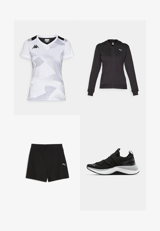 Juodas džemperis su užtrauktuku, pagamintas iš minkštos medvilnės mišinio, turintis kengūros kišenę, reguliuojamus raiščius ir baltą logotipą kairėje krūtinės pusėje.; Balta sportinė marškinė su V formos iškirpte, apdailinta abstrakčiais pilkais raštais ir juodais akcentais ant pečių. Audinys atrodo lengvas ir lygus.; Juodi šortai iš juostelės audinio, su plačiu elastingu juosmeniu ir mažuoju baltu Puma logotipu apatinėje kairėje pusėje.; Juodas sportinis batelis su tekstūruota viršutine dalimi, elastingomis juostomis ir storesniu baltu tarpiniai. Yra pilkas akcentas palei pado kraštą.