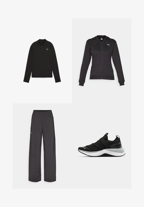 Zwarte zip-up hoodie gemaakt van een zachte katoenmix, met een kangoeroezak, verstelbare trekkoorden en een wit logo op de linkerborst.; Zwarte lange mouwen sportshirt met een kwart-rits kraag, voorzien van een wit logo op de borst en een zachte, lichte stof.; Zwarte sportbroek met een brede tailleband, zijzakken en platte naden. Bevat een klein logo op het linkerbeen. Gemaakt van gladde, rekbare stof.; Zwarte sportschoen met een gestructureerde bovenkant, elastische banden en een dikke witte tussenzool. Heeft een grijze accent langs de zool.